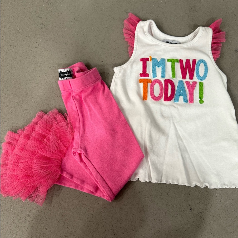 Mud Pie Pink & White "I'm Two Today" Tutu Matching Set